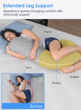 QUEEN ROSE body pillow in use by a side sleeper for comfort.