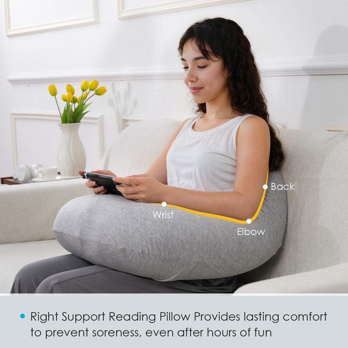 QUEEN ROSE lap desk pillow extended tail view showing elbow support.