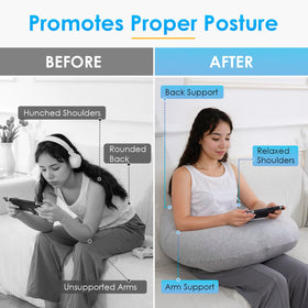 QUEEN ROSE multi-use pillow supports reading, crocheting, and other activities.