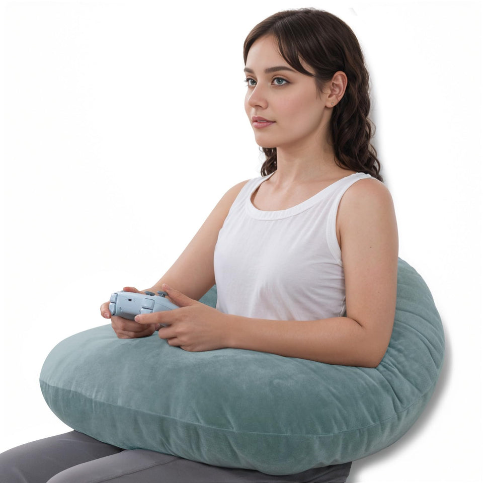 QUEEN ROSE reading pillow viewed from front in green velvet, cozy arm support