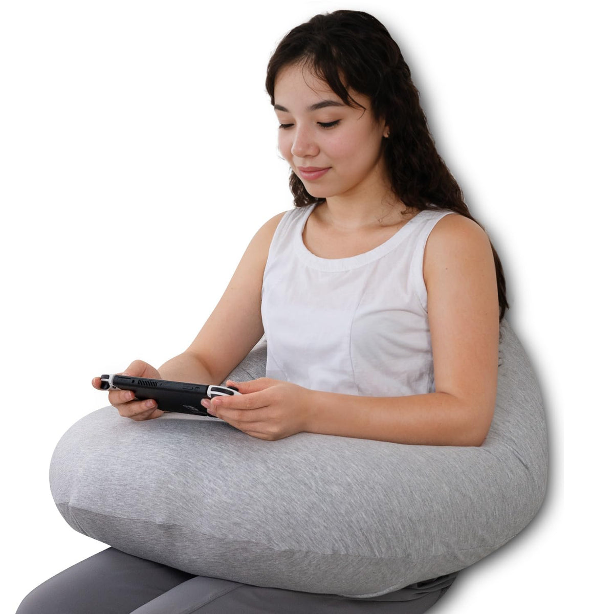 QUEEN ROSE reading pillow with gaming side view and arm support.