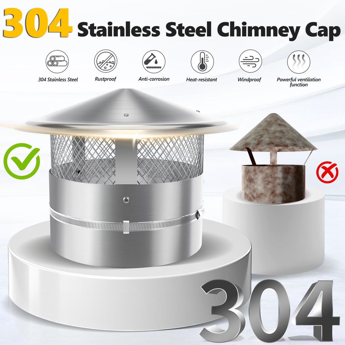 Queyaam adjustable clamp chimney cap fits 7.9-8.3 inch flues with a secure clamp.