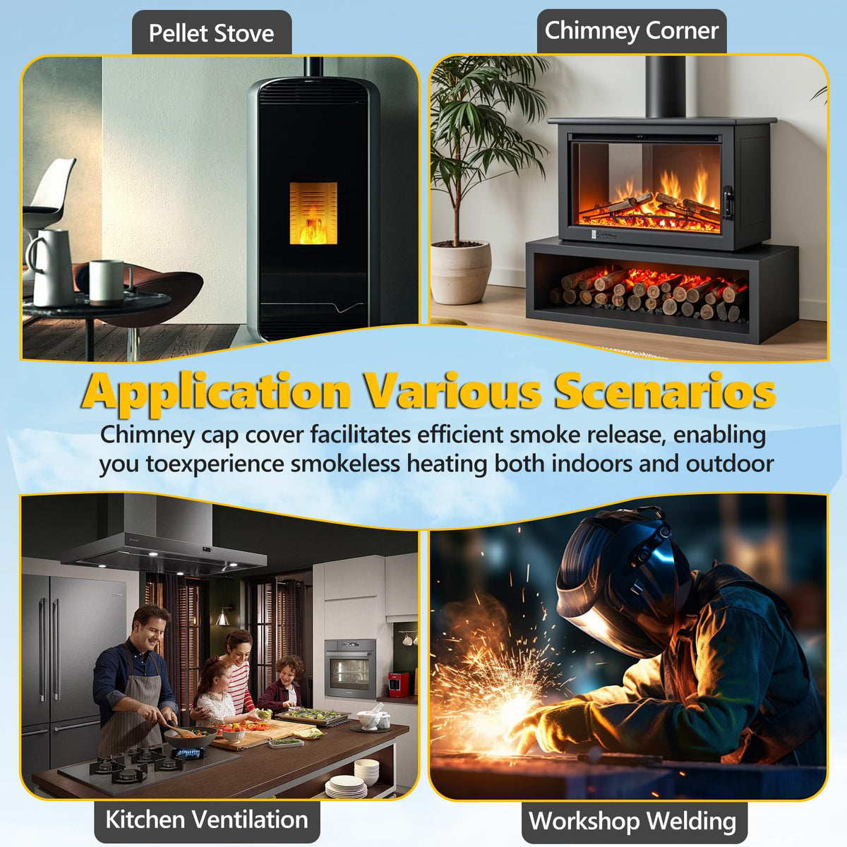 Queyaam easy-install chimney cap includes gloves for quick one-person setup.