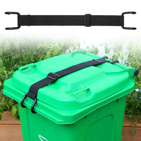 QUFA metal double claw lock front view securing an outdoor trash can lid.