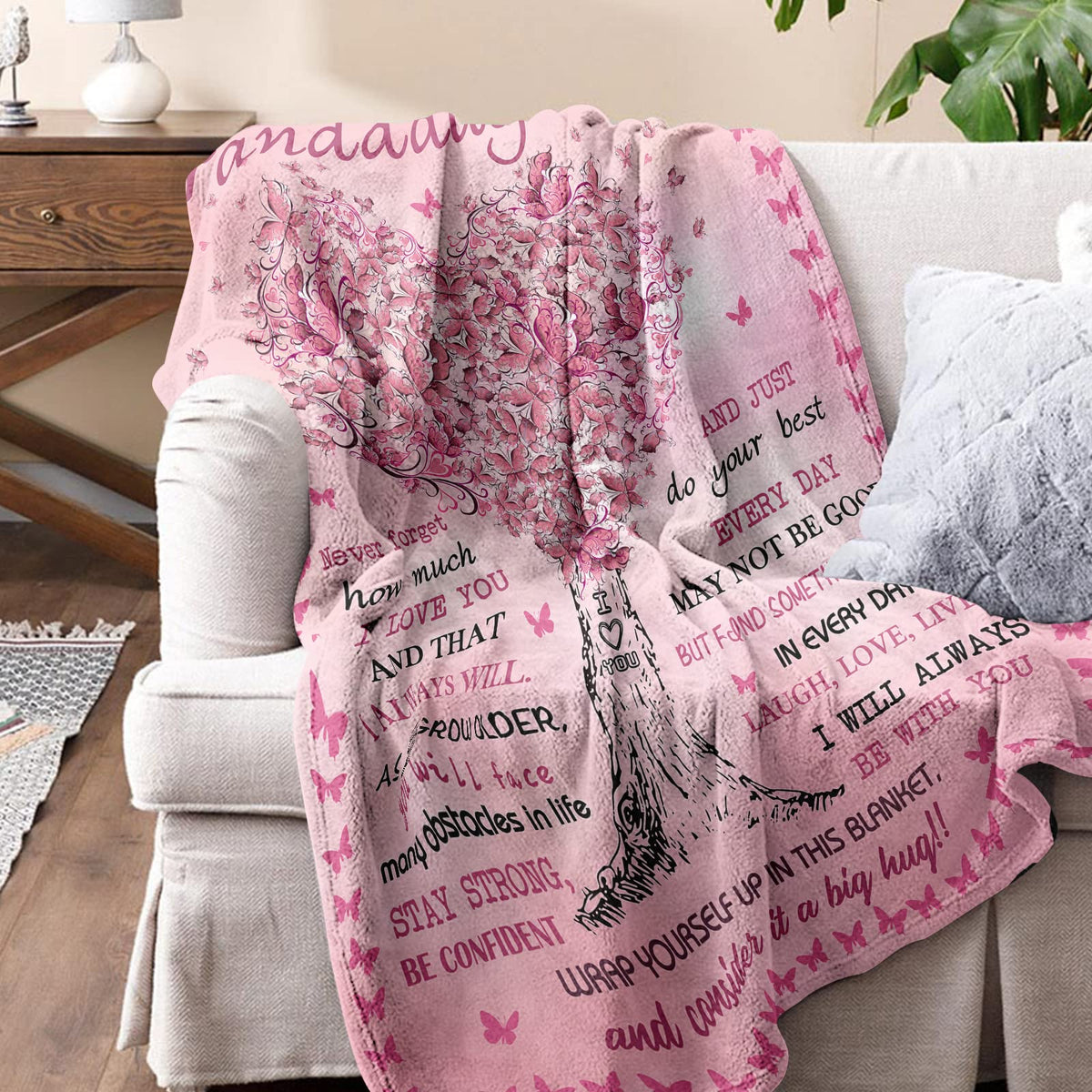 Quilazy Granddaughter Blanket pink butterflies design for granddaughters