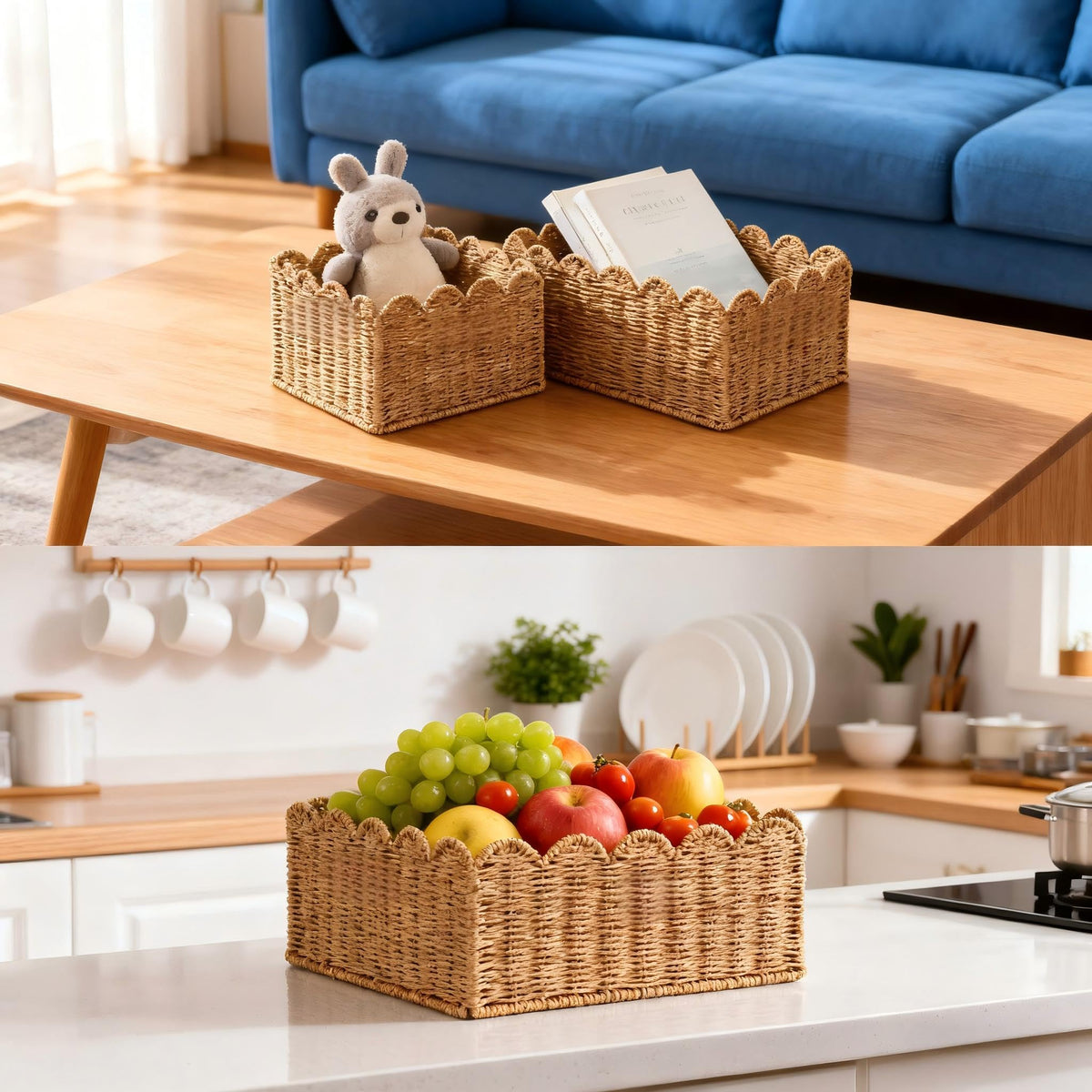Quincry scalloped basket organized bathroom setup