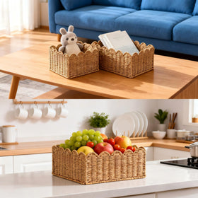 Quincry scalloped basket organized bathroom setup