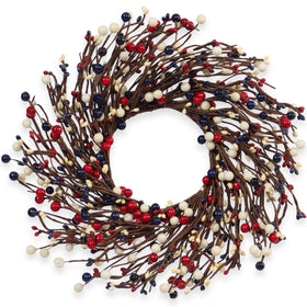 Quixem patriotic pip berry ring 15-inch display around 3-wick jars for festive focal point.