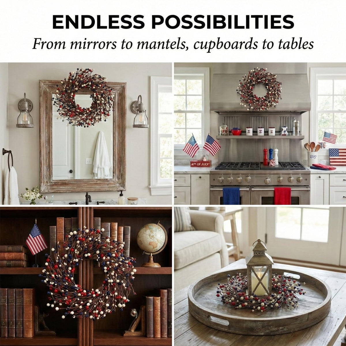 Quixem patriotic pip berry ring suitable for hanging on cabinets with ribbon.