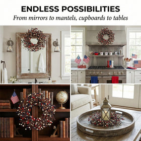 Quixem patriotic pip berry ring suitable for hanging on cabinets with ribbon.