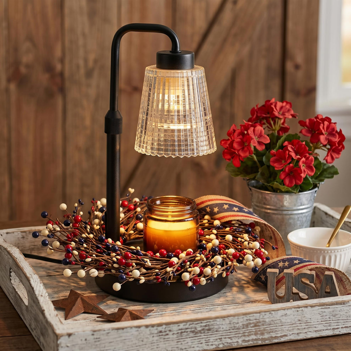 Quixem patriotic pip berry ring serves as a rustic table centerpiece centerpiece.
