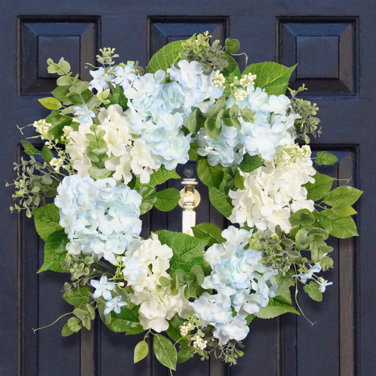 Quixem spring wreath with hydrangea and eucalyptus for vibrant curb appeal