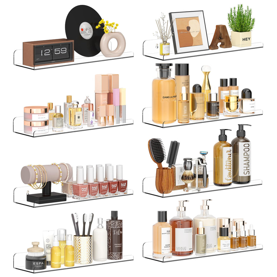 Qukaka 15-inch clear floating shelf displays essentials while saving wall space.