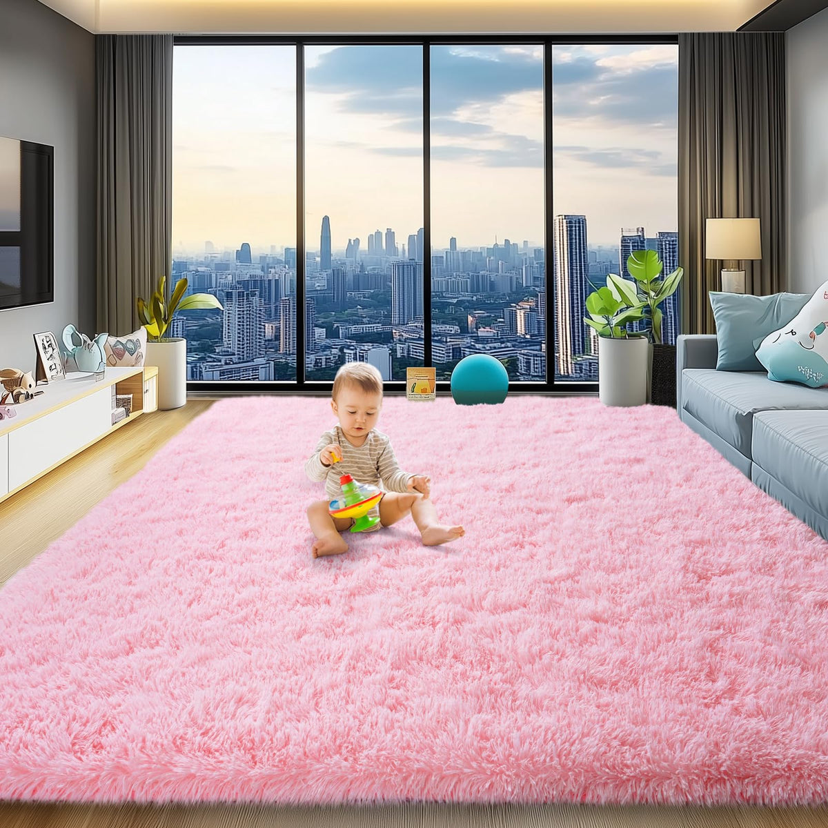 qulint 8x10 pink shag rug close-up shows plush texture for cozy living spaces.