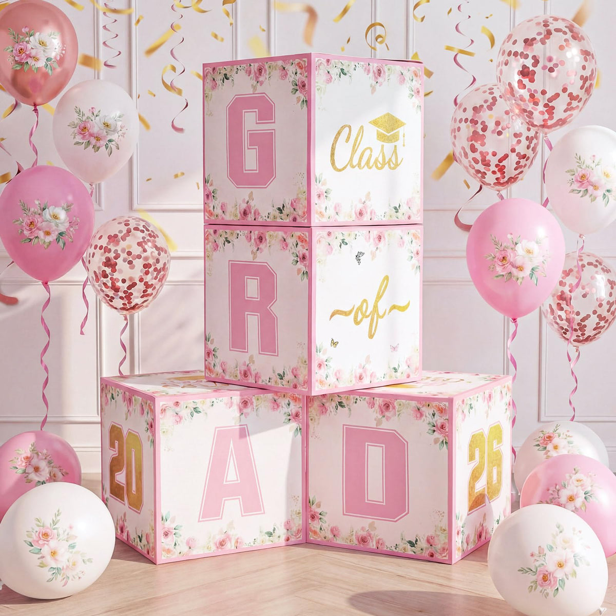 Qunclay pink gold floral graduation box used as a centerpiece for 2026 celebrations.