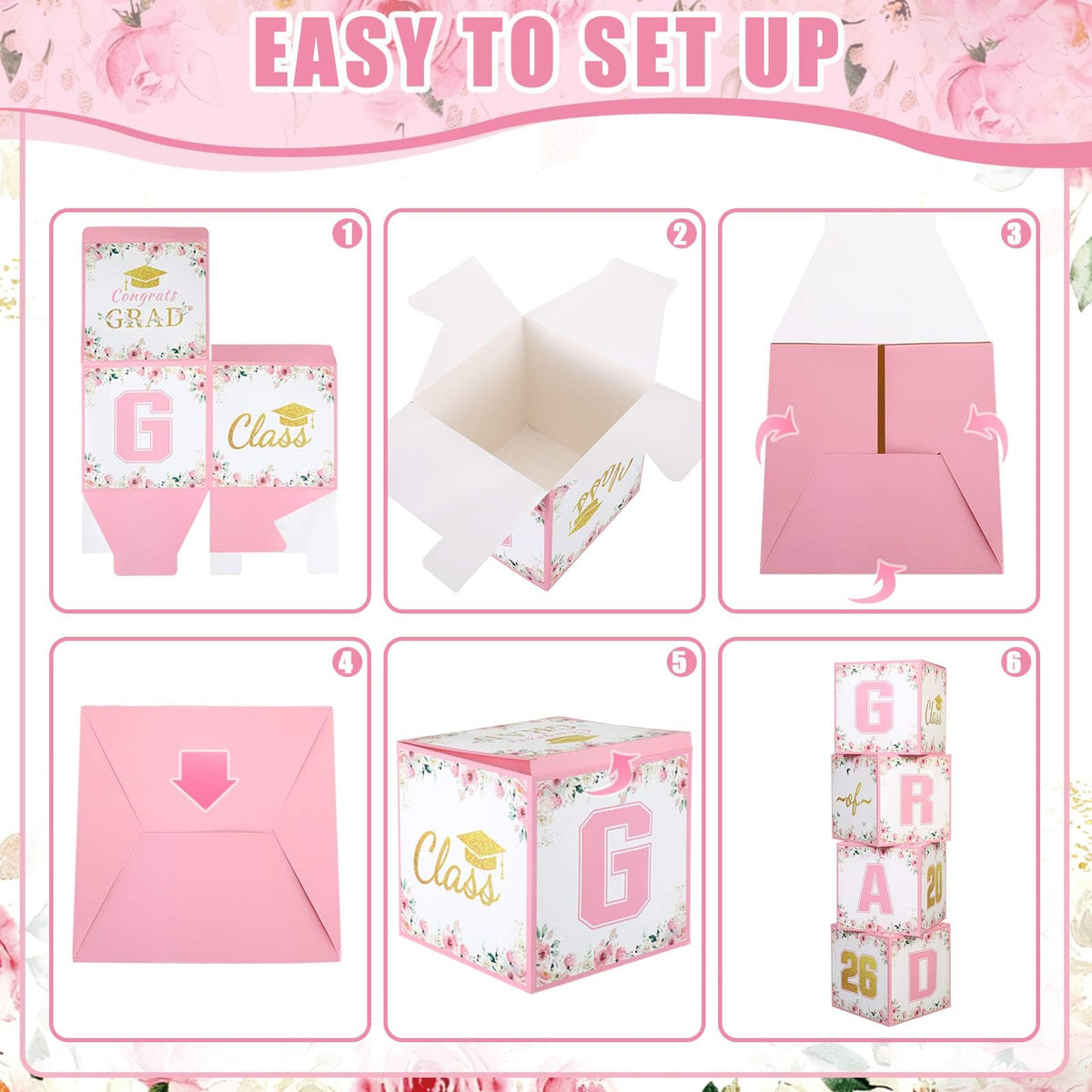 Qunclay pink gold graduation balloon box serves as a cake-table center decoration.