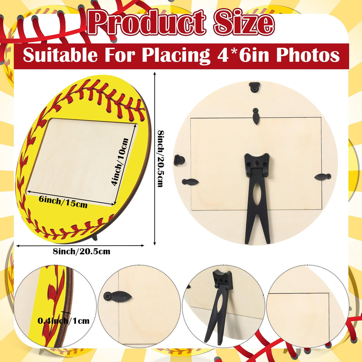 Qunclay wooden softball frame in yellow, side view, sturdy display for desks.