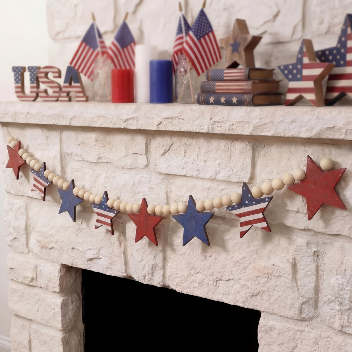 Qunclay USA flag wooden bead garland for patriotic decor on fireplace or wall