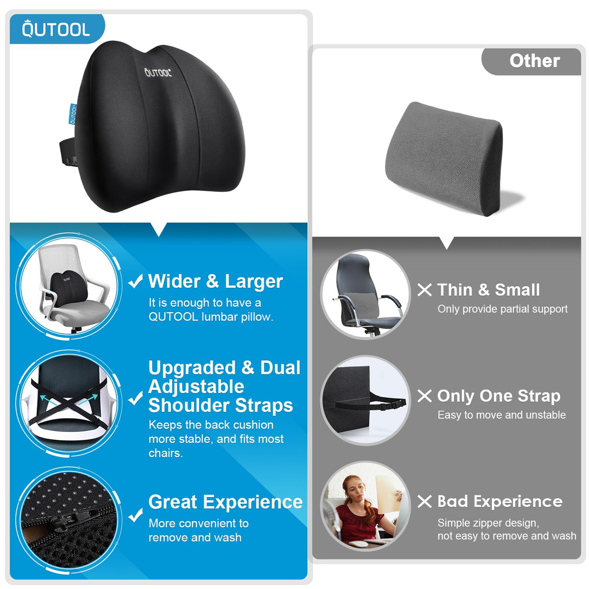 QUTOOL adjustable-strap system demonstrates secure attachment on various chairs and seats.