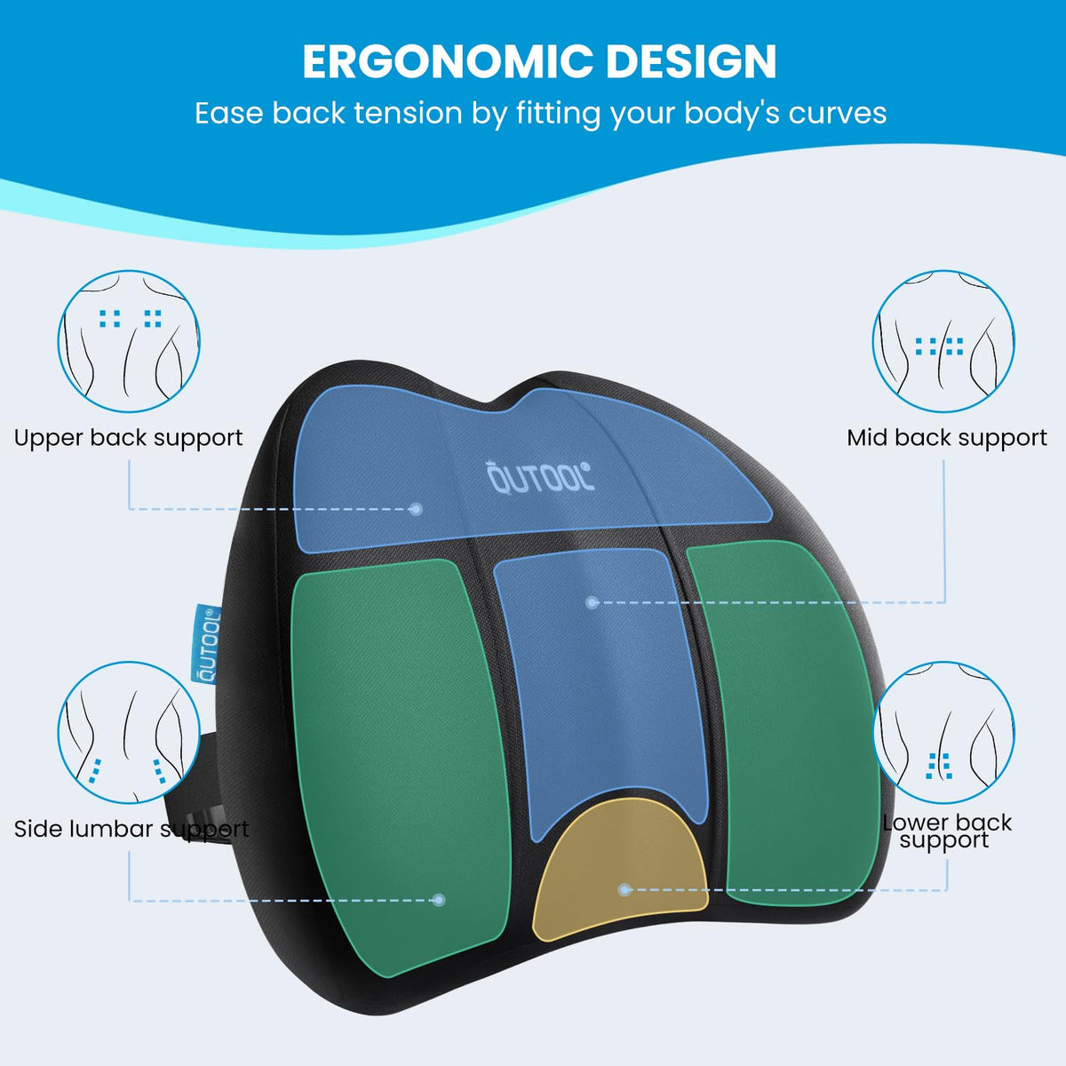 QUTOOL breathable mesh cover keeps you cool and dry during long sitting periods.