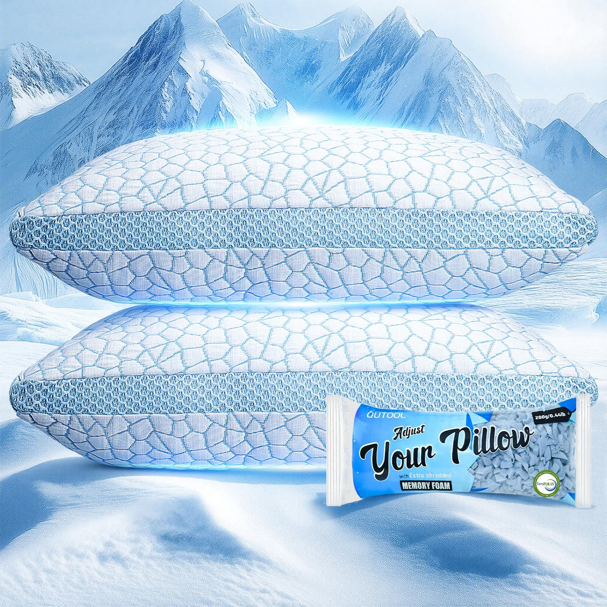 QUTOOL double-sided cooling pillow top view shows cooling surface for hot sleepers