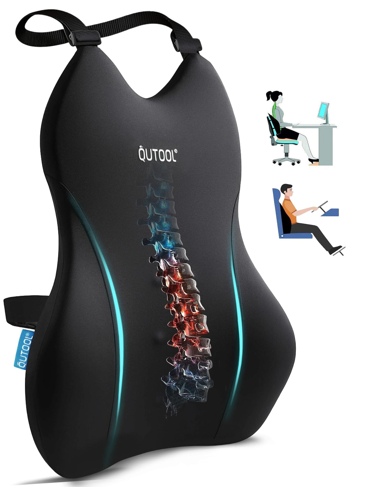 QUTOOL lumbar pillow with extended straps for versatile chair fit.