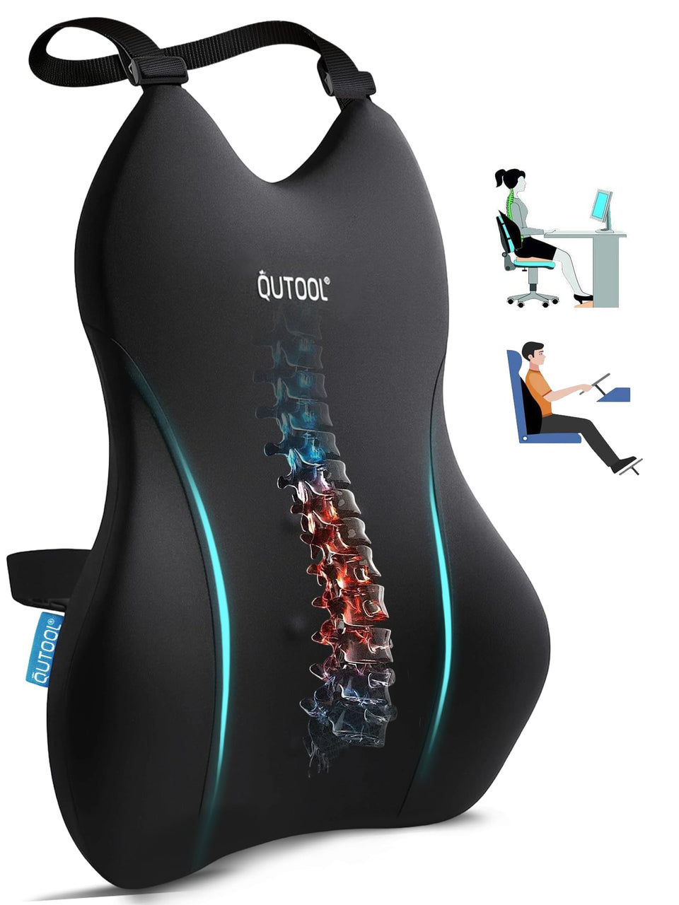 QUTOOL lumbar pillow with extended straps for versatile chair fit.