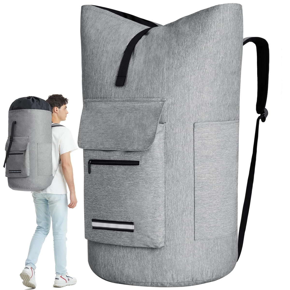 Quovexa laundry backpack with 115L capacity and extended top for easy loading.