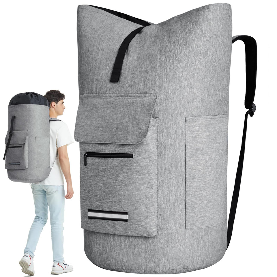 Quovexa laundry backpack with 115L capacity and extended top for easy loading.