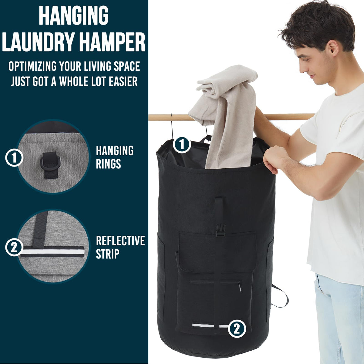 Quovexa laundry bag with four external pockets for detergent, keys, and small items