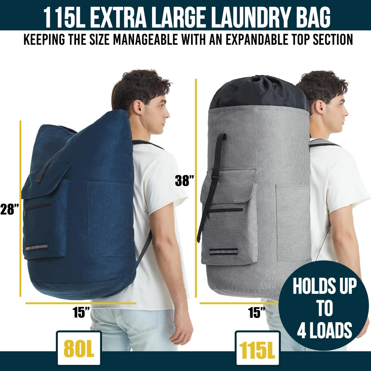 Quovexa laundry backpack showing four external pockets for organized essentials.