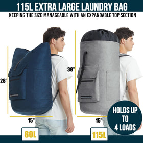 Quovexa laundry backpack showing four external pockets for organized essentials.