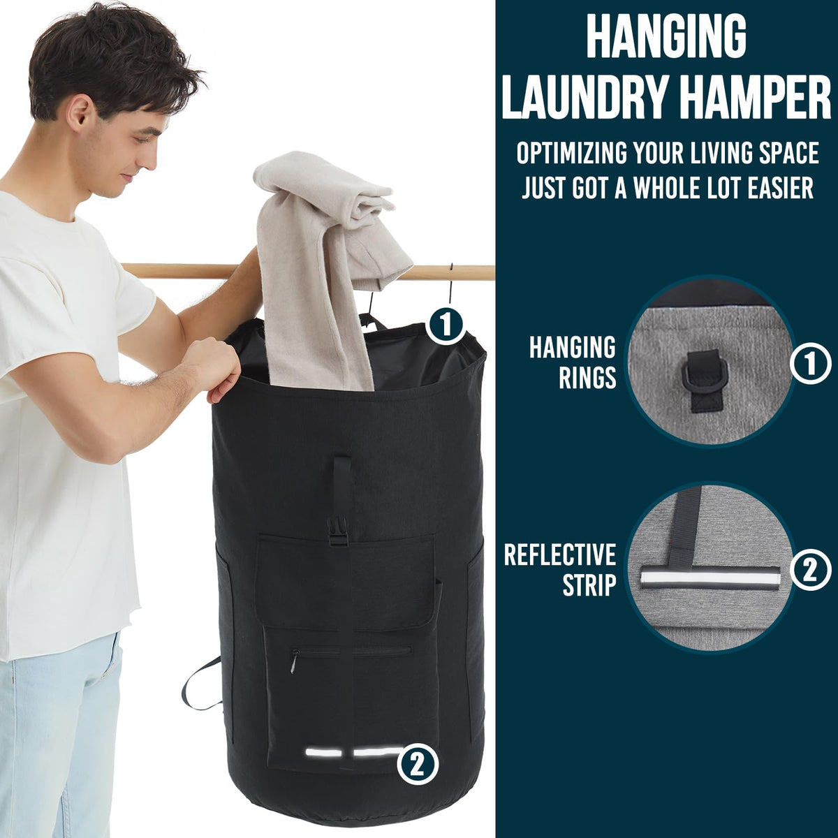 Quovexa XL laundry bag external pockets and reflective bar for safety.