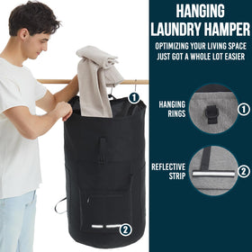 Quovexa XL laundry bag external pockets and reflective bar for safety.