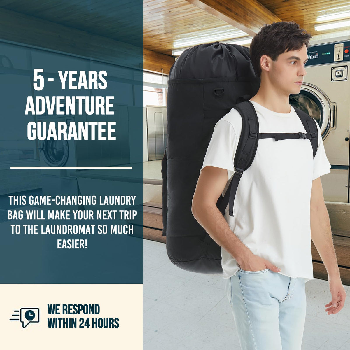 Quovexa XL laundry bag hanging loop used as space-saving hamper.