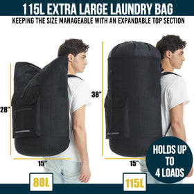 Quovexa XL laundry bag side pocket detail for detergents and accessories.