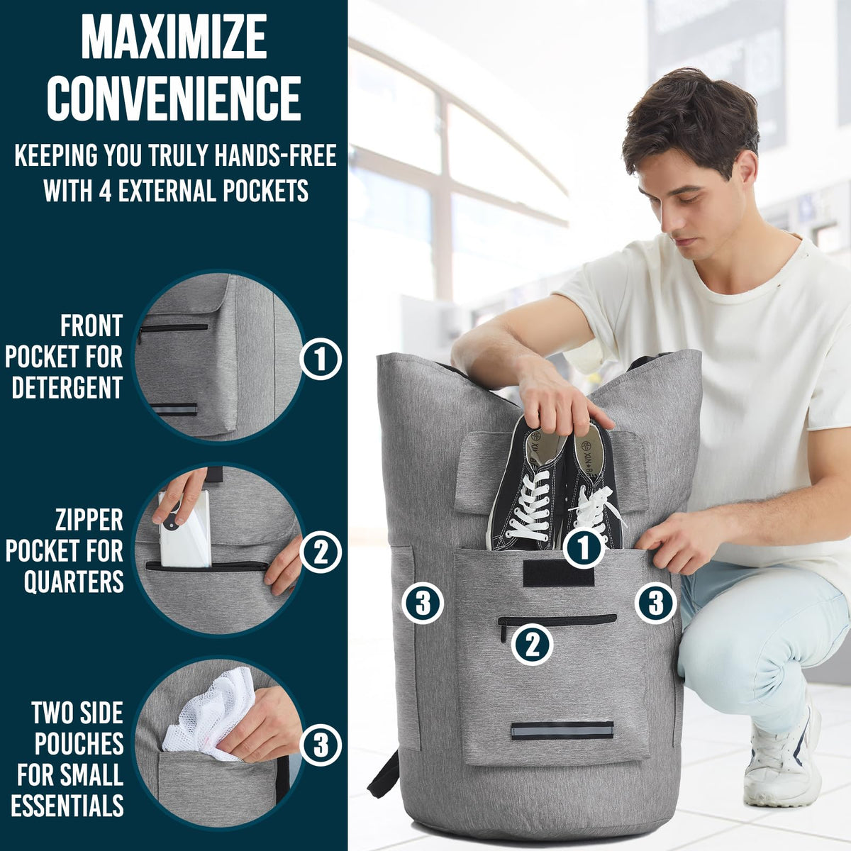 Quovexa XL laundry bag with straps shown for hands-free transport.