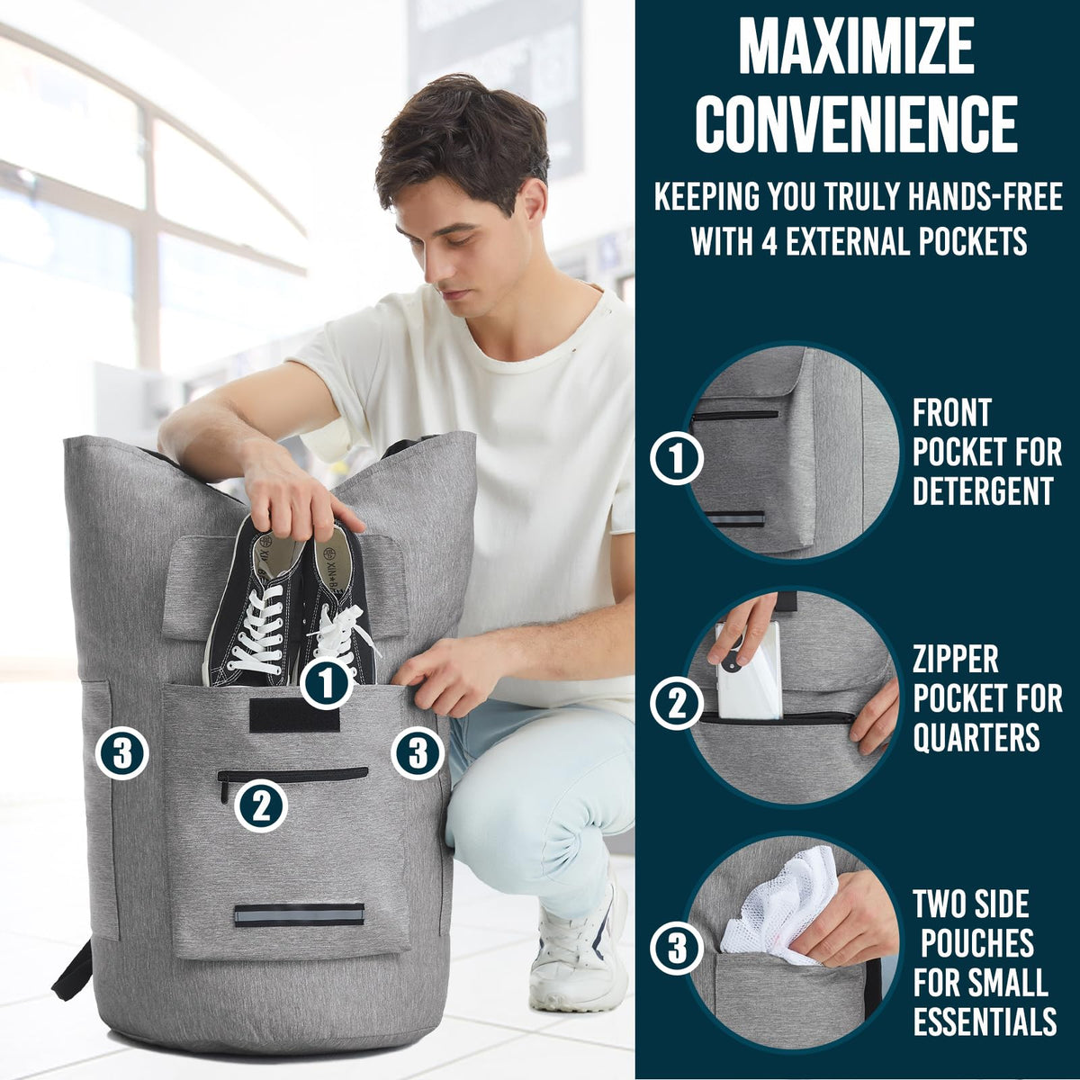 Quovexa hanging loop converts the bag into a hanging hamper when needed
