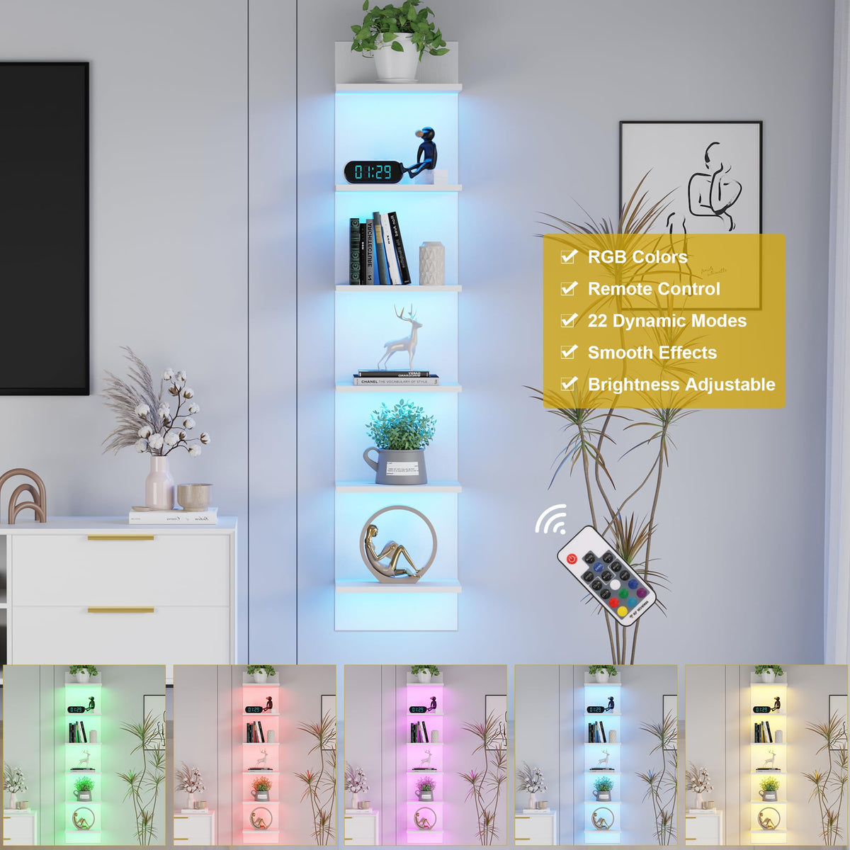 Qupui angled-view shelves highlight dimensional storage and integrated lighting.