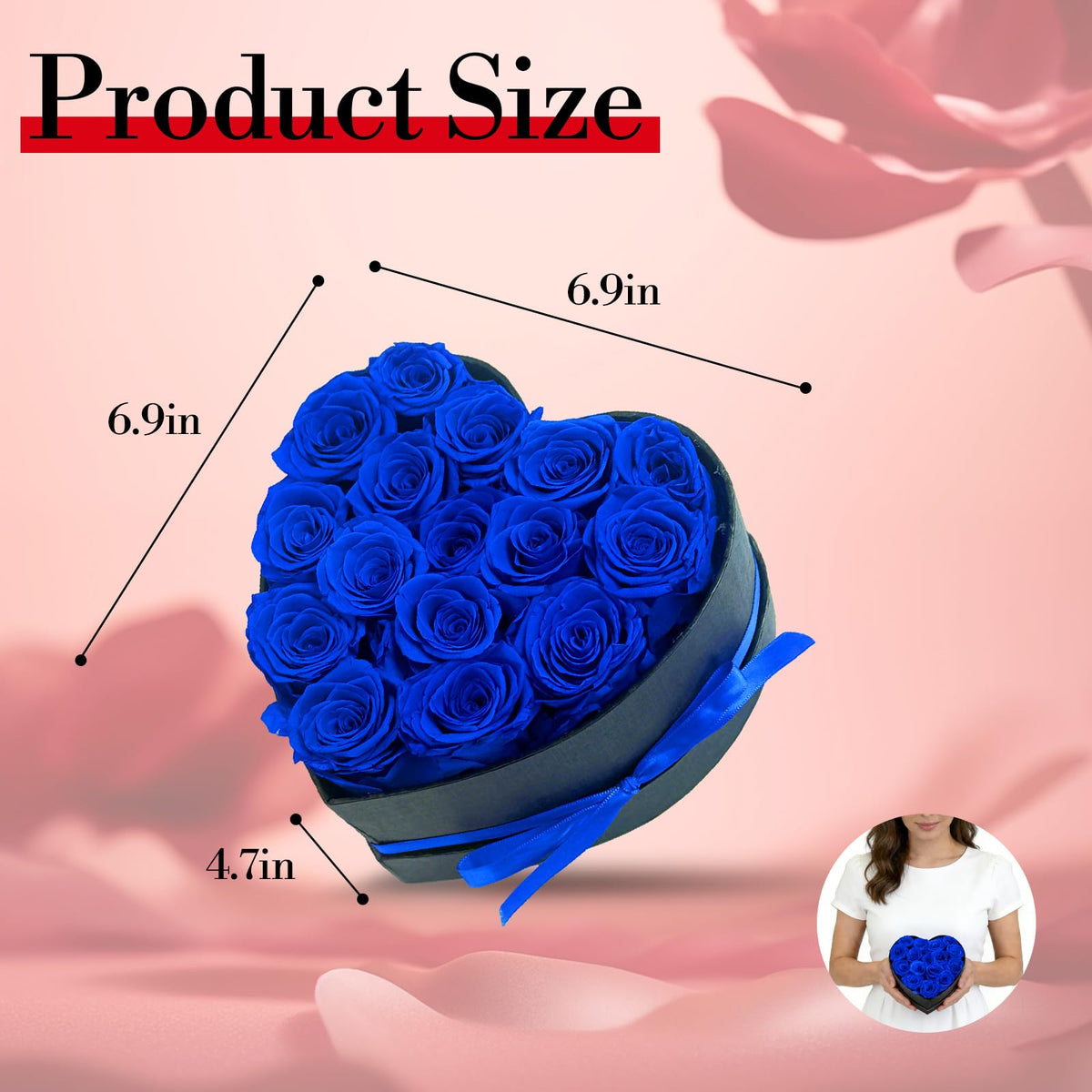 Front view of blue preserved roses box by Qutawua, lasting romantic gesture
