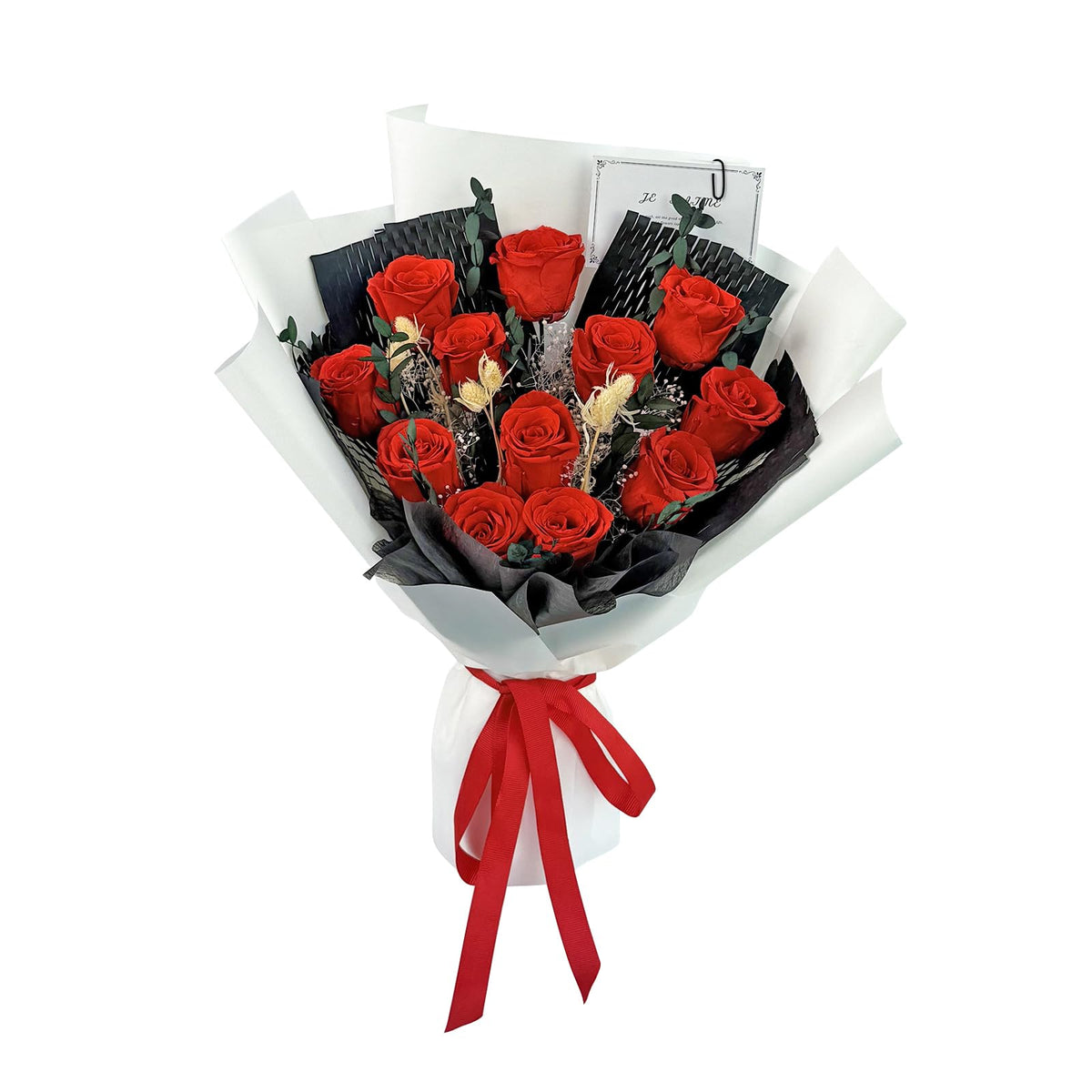 Qutawua preserved-rose-bouquet with 12 red roses offers long-lasting beauty.