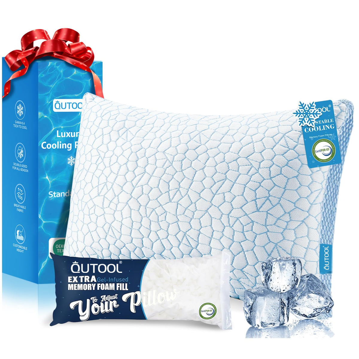 QUTOOL enhanced cooling pillow with blue cover keeps you cool all night.