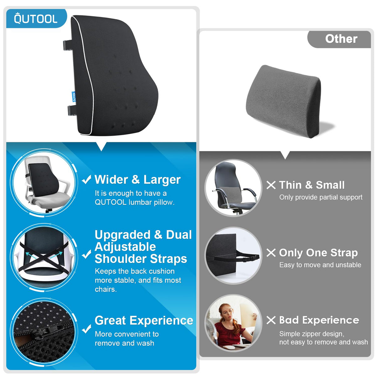 QUTOOL ergonomic-design back support adapts to body contours for comfort
