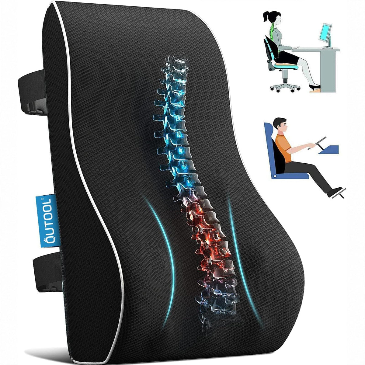 QUTOOL lumbar pillow with strap-attachment secures to a chair for added back support
