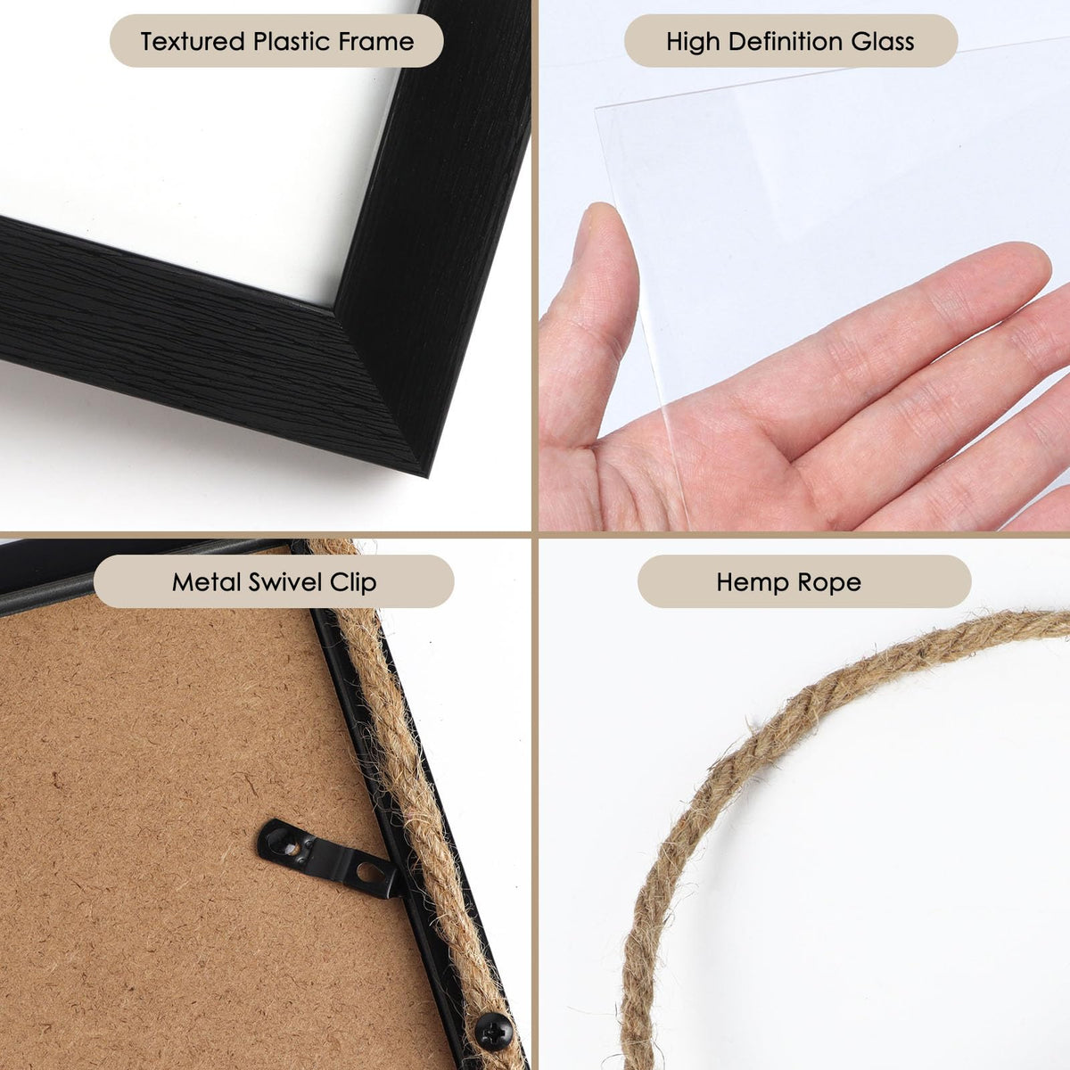 QUTREY textured black frames protect memories with lightweight, durable plastic.