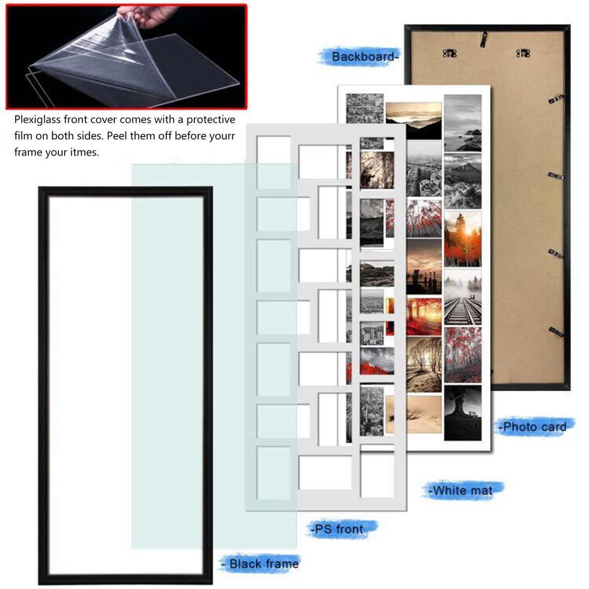 QUTREY wall-mount collage frame in black supports vertical or horizontal layouts for flexible decor.