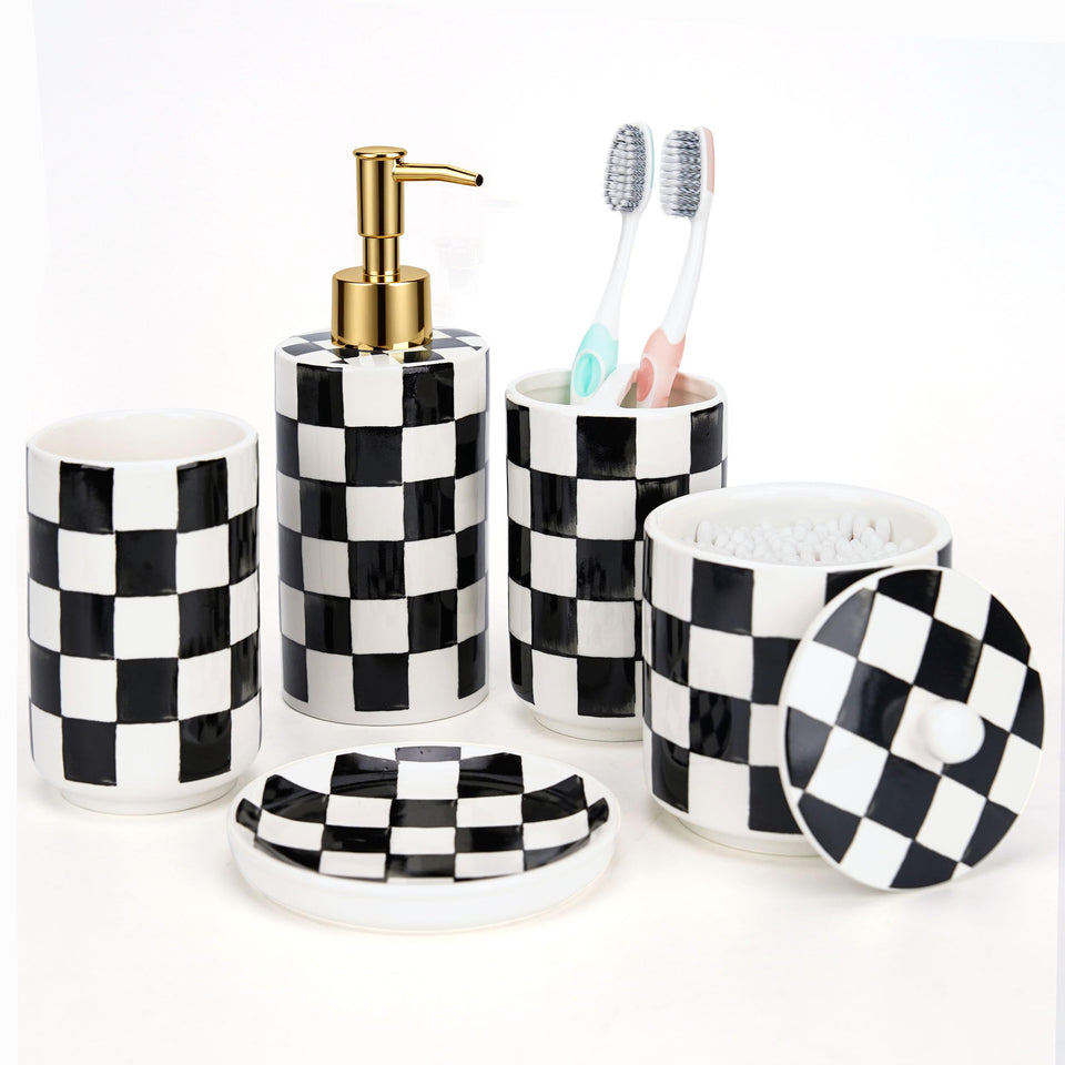 Quuavio ceramic soap dispenser with pump on checkered vanity for organized sink.