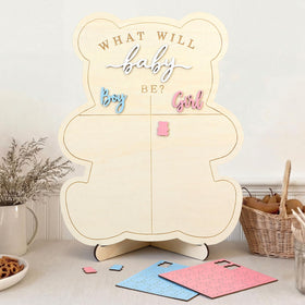 Quzzil wooden bear gender reveal board on stand for stylish party voting.