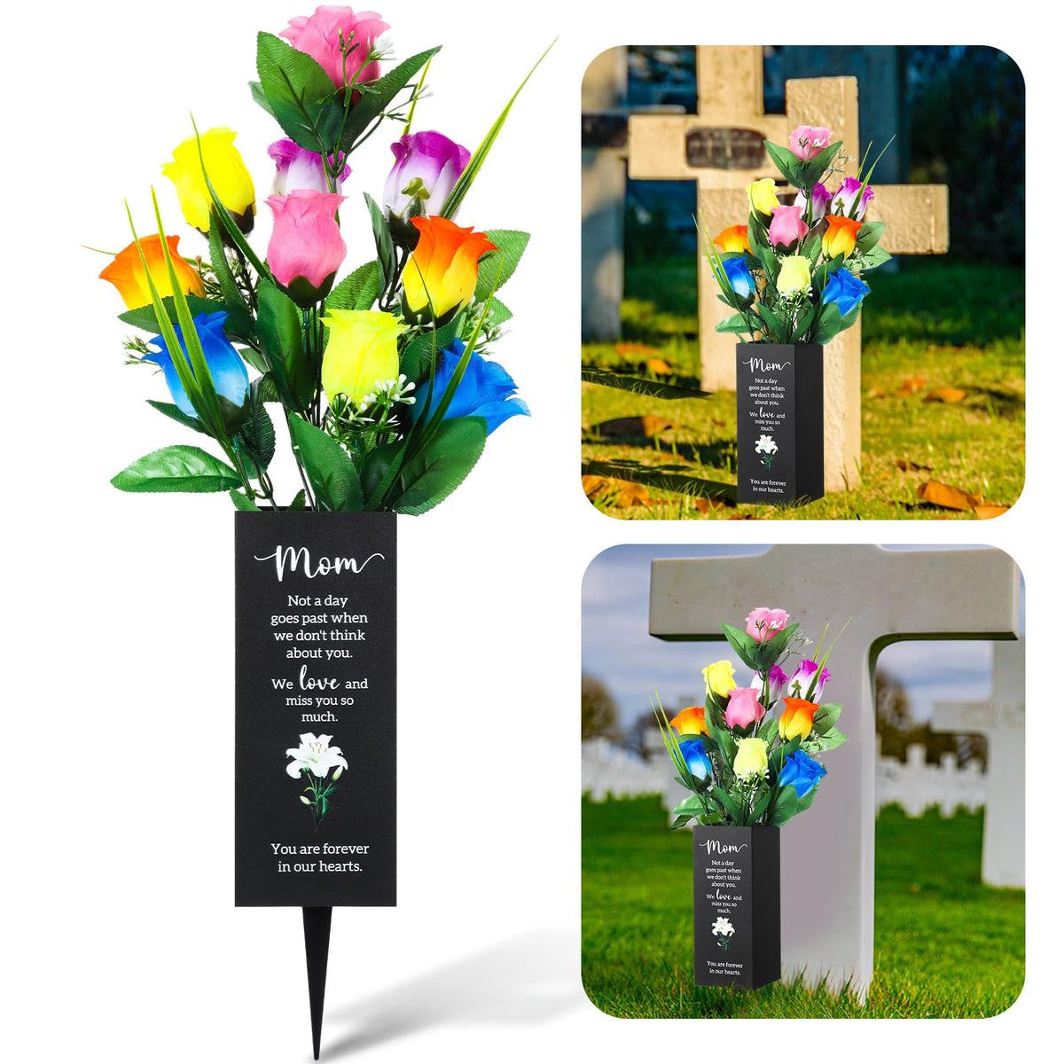 Quzzil cemetery vase with metal design for durable outdoor memorial display.