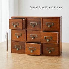 Dark brown wooden storage for home office and craft supplies.